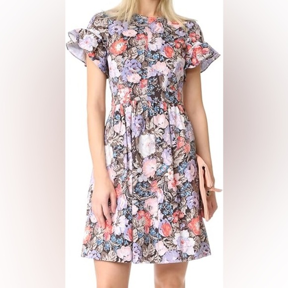 Rebecca Taylor Open Back Floral Ruffle Sleeve Penelope Dress - 6 - Picture 2 of 11
